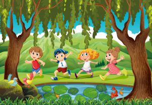 Four kids running in the park illustration
